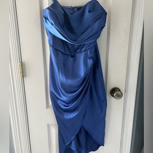 Satin Blue Strapless Midi Dress